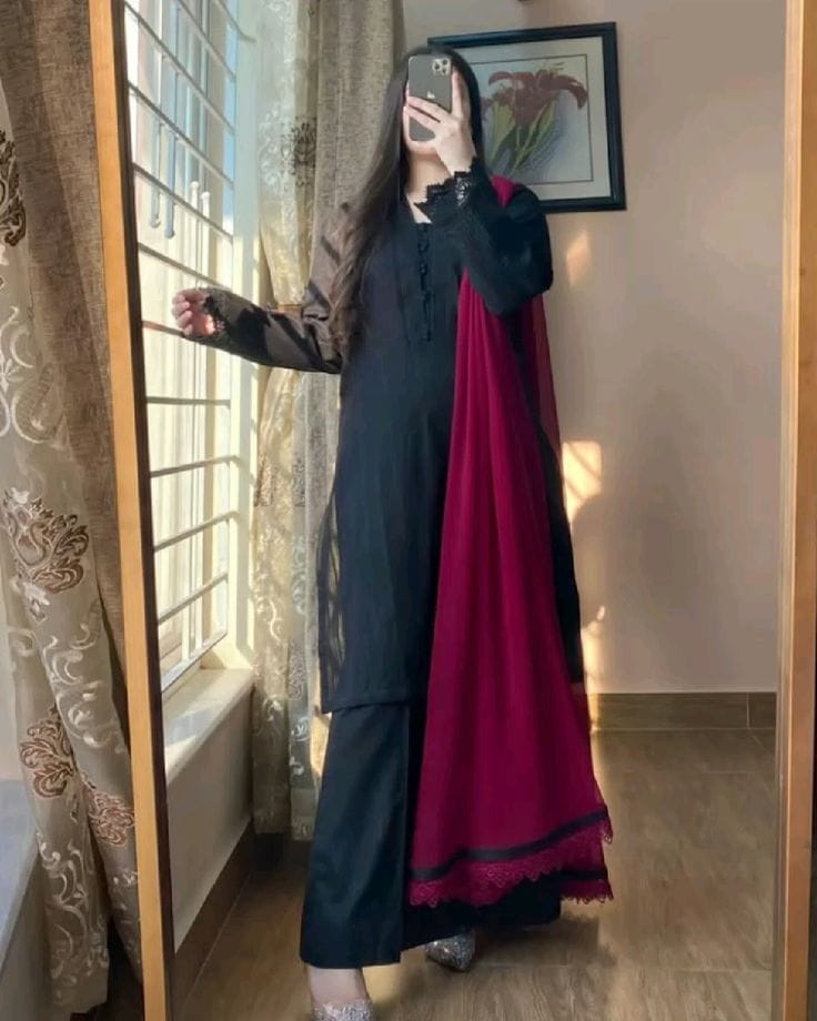 3 Piece - Lawn Dobby Black Dress with Farshi Shalwar