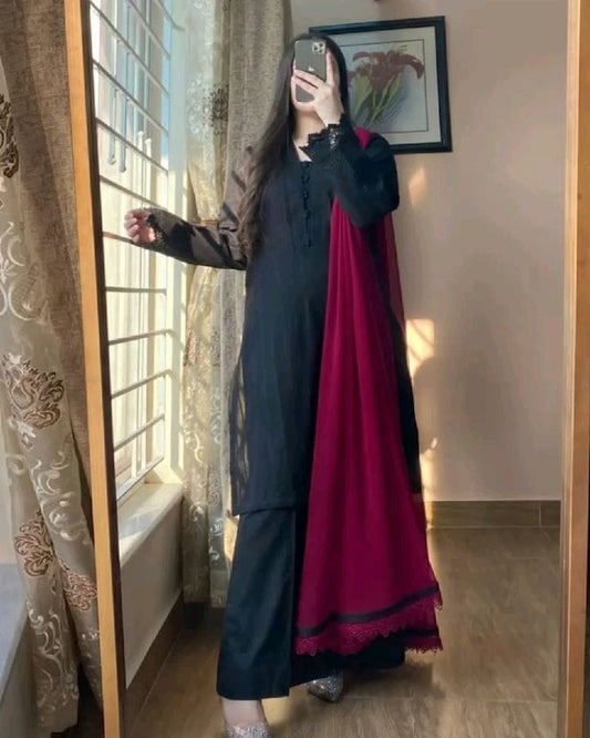 3 Piece - Lawn Dobby Black Dress with Farshi Shalwar